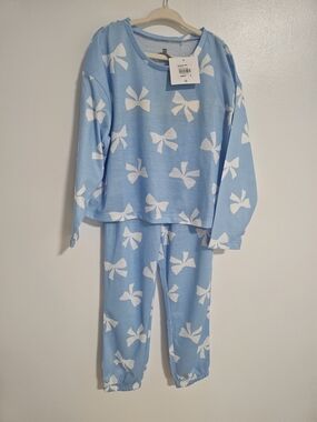 🧸2/20$ NWT Tag 5T Kids Light Blue Bow-Print Pajama Set Girl